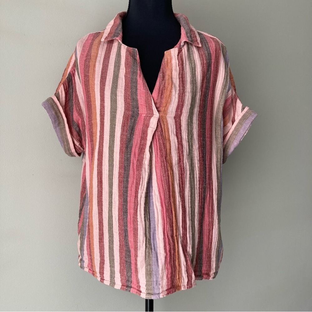 Sonoma Pink Multi Stripe Cotton Gauze Short Sleeve Split Neck‎ Top